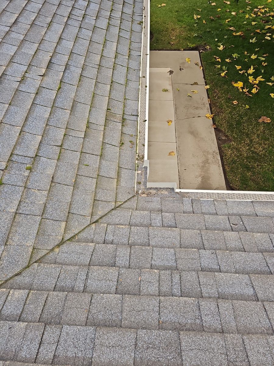 Clogged gutter with leaf debris and moss streaks at the front of an Atwater CA residential home — diagnostic photo by Econo Roofing showing the consequence of skipping seasonal cleanings.