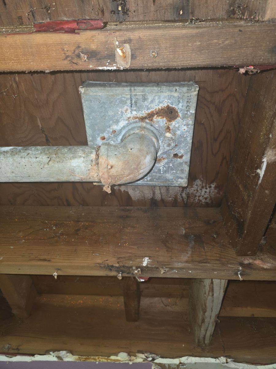 Interior ceiling damage and dry rot from years of slow drain leaks at 1205 David Court Modesto