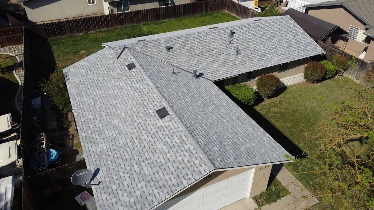 Completed residential re-roof on a Modesto home, aerial view