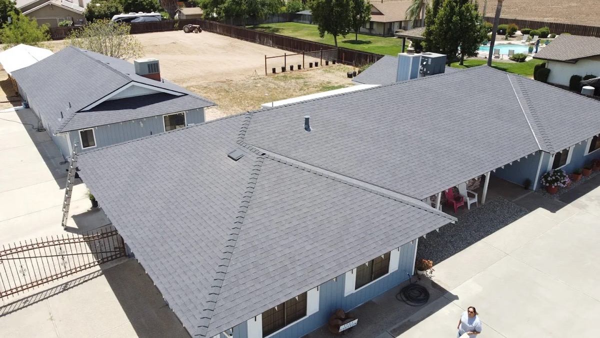 Completed full roof replacement on a Riverbank home, aerial view